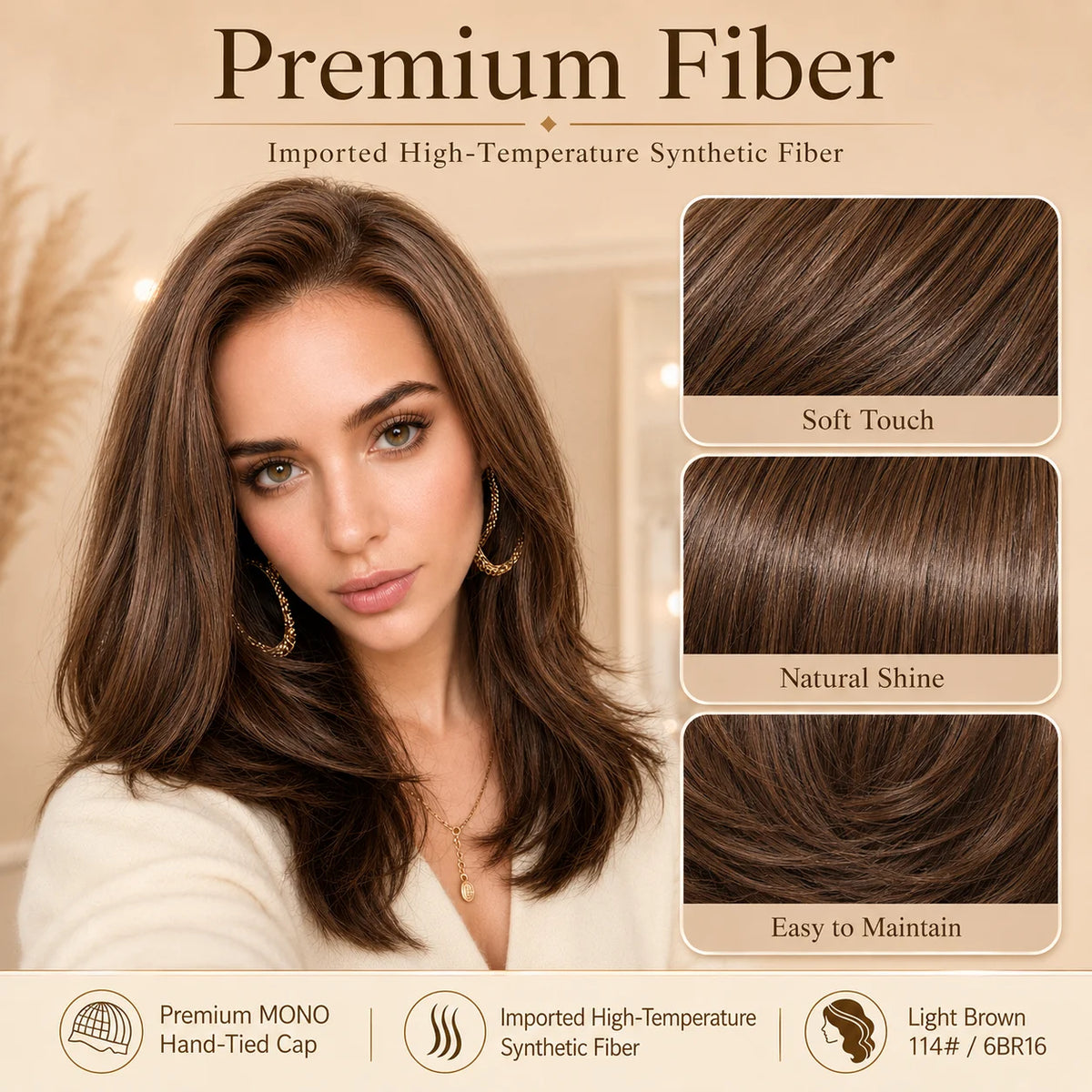 Light Brown Layered Synthetic Mono Top Wig for Women