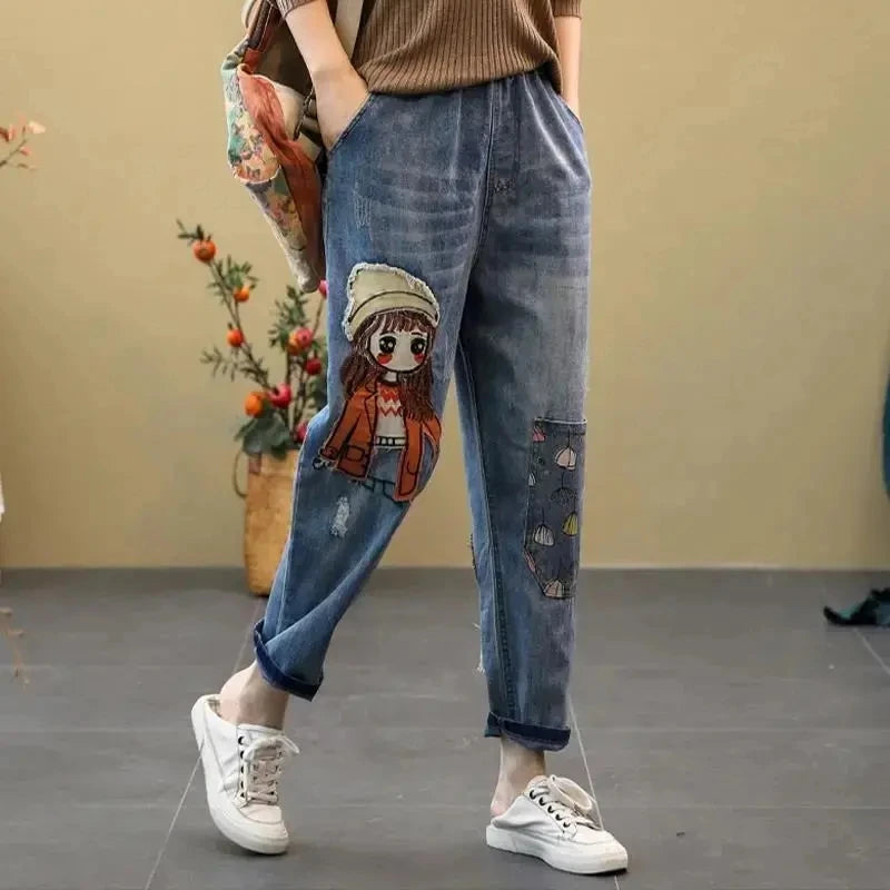 Jeans Woman High Waist Spring Summer Retro Embroidery Denim Trousers Ladies Elastic Waist Harem Pants Loose Jean Femme Pant 124