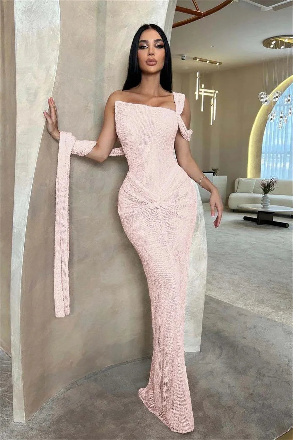 Beaded Pleats Strapless Evening Gown