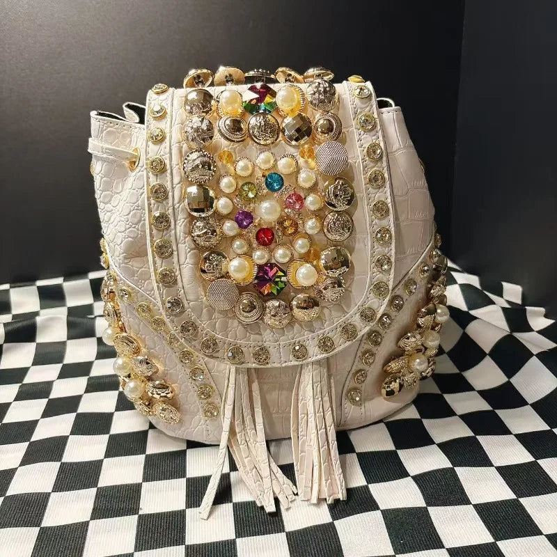 Women's New Backpack Elegant Diamond-encrusted Backpacks Multi-functional Beaded Trendy Crossbody Bucket Bag Large Capacity