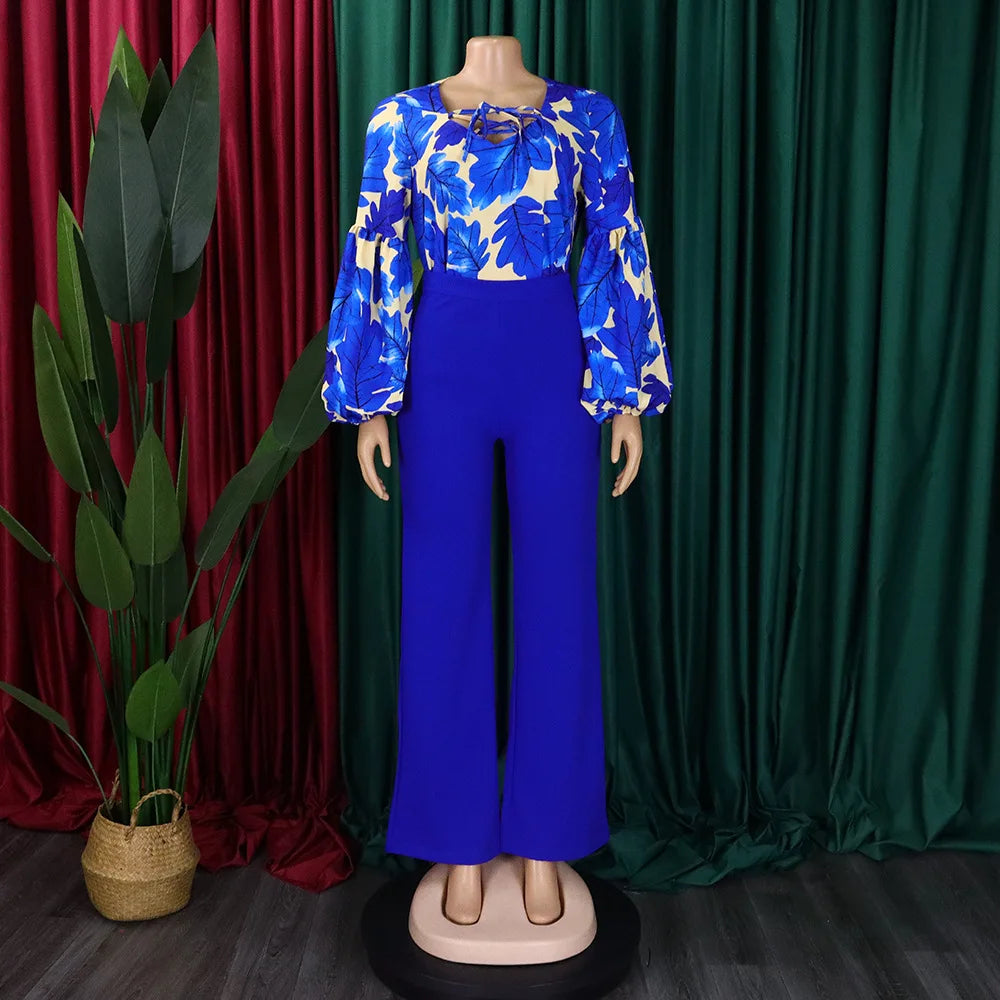 2 Pieces Sets Womens Outfits Two Pieces Outfits Printed Shirts Full Sleeve Long Trouser Fashion Elegant Ladies Matching Sets New