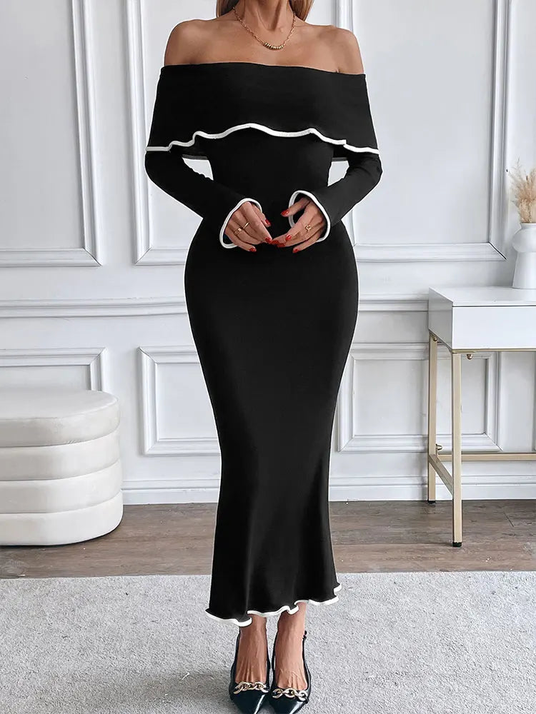 Women New Dresses Spring Fashion Long Sleeves High Quality Maxi Dress Black Sexy Backless Strapless Lady Elegant Dress Clothing