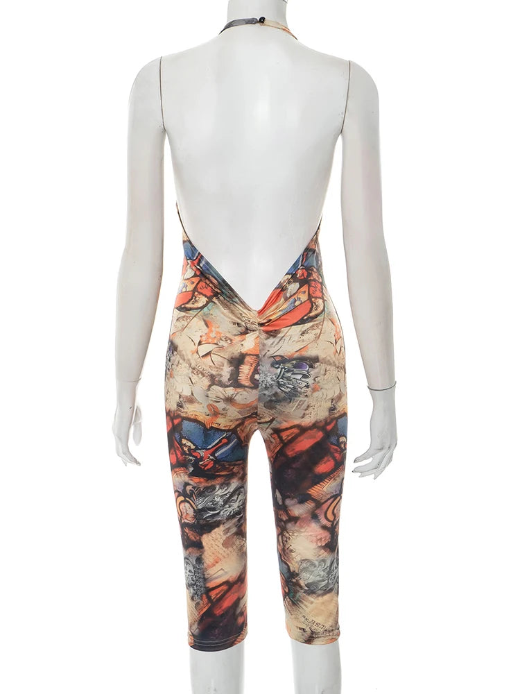 Weird Puss Aesthetics Print Jumpsuits Women Halter Sexy Backless Skinny Peach Buttocks Midnight Club Party Wild Styel Overalls