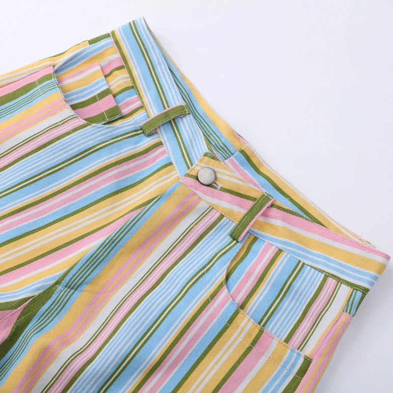 Color Block Rainbow Stripe Wide Leg Jeans for Women