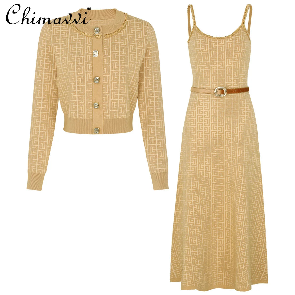 High-End Fashion Knitted Dress Set Autumn New Long Sleeve Single-Breasted Cardigan Coat Suspender Dress Women Two-Piece Set