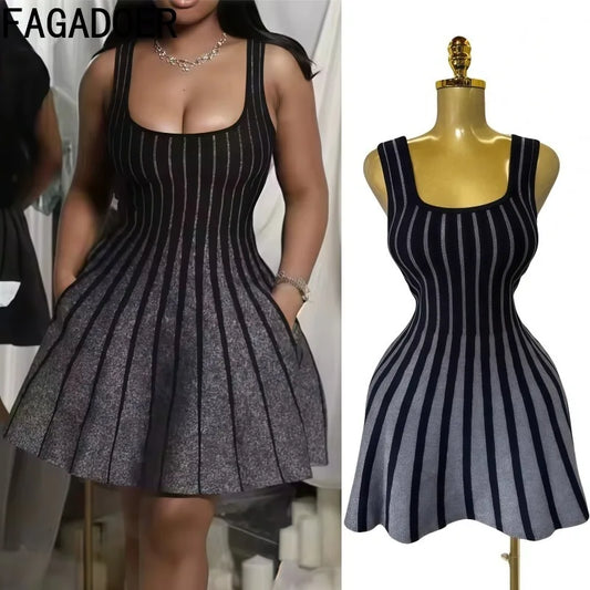 FAGADOER Summer Fashion Knit Bodycon Mini Dresses Women Square Collar Sleeveless Backless High Waist Dress Female Office Vestido