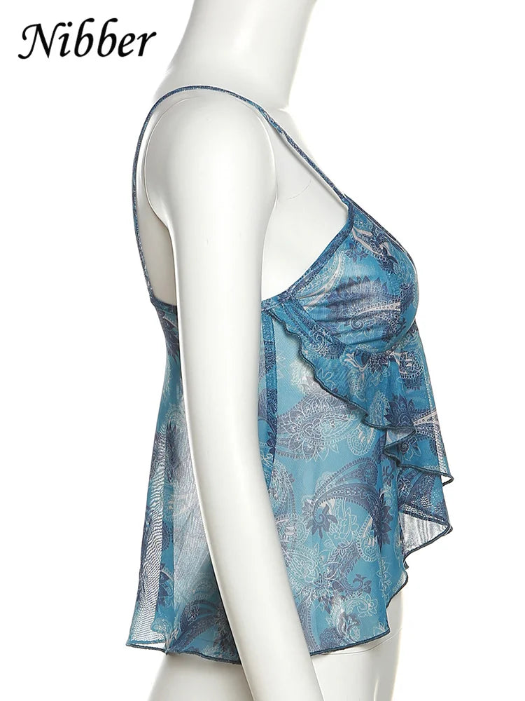 Nibber Mesh See Through Printed Vest Women Sexy Casual V-neck Sleeveless Suspender Camisole Patchwork Tank Top Streetwear