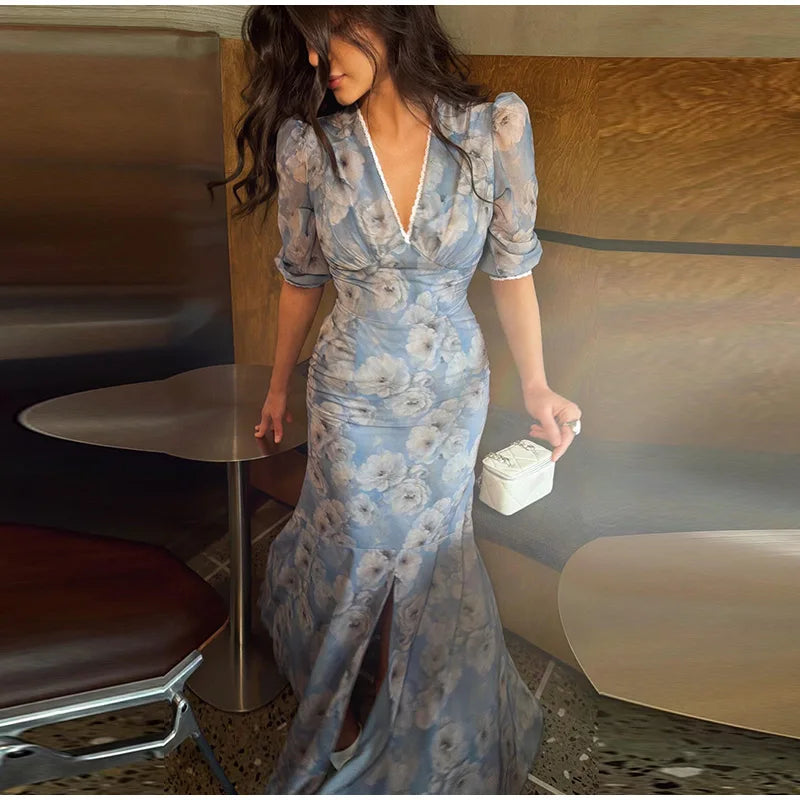 Elegant Print Pleated Puff Sleeve V Neck Long Dress for Women
