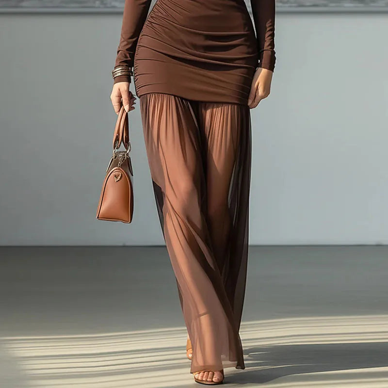 2026 Spring Turtleneck Splicing Chiffon Long Dress Woman Sexy Hollow Slim Pleated Dress New Long Sleeve Mesh Elegant Party Dress