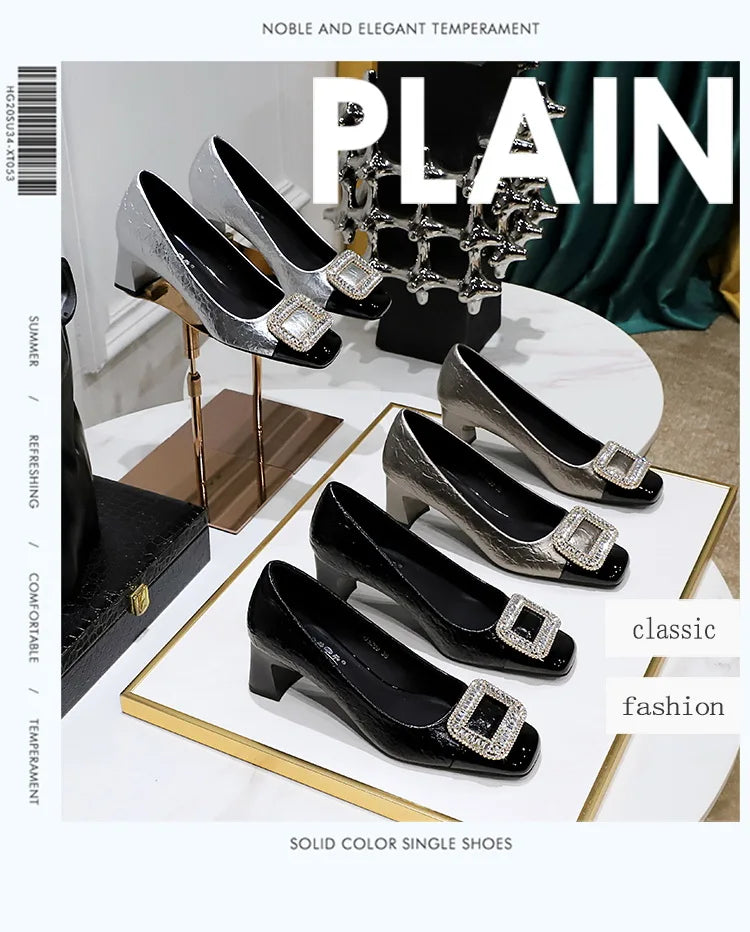 Elegant Crystal Detail Square Heel Pumps for Women