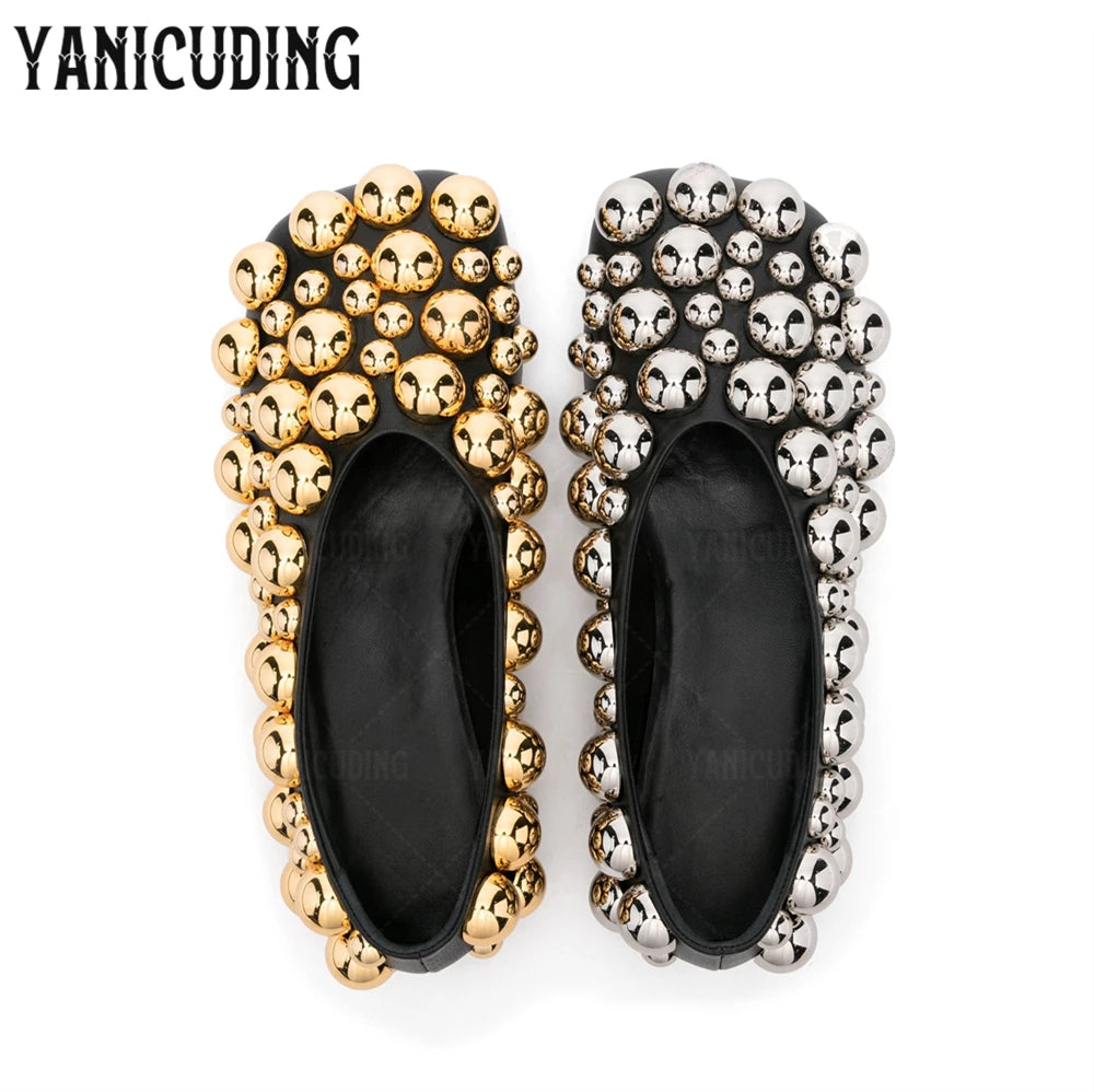 Metallic Stud Embellished Square Toe Ballet Flats for Women