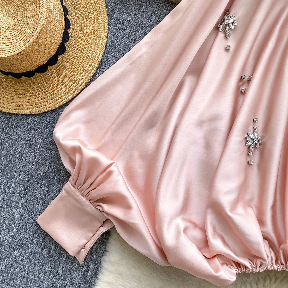 Elegant Beaded Satin Batwing Sleeve Blouse for Women