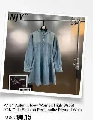 ANJY Summer New Women's Tide High Street Y2K Chic Trendy Sleeveless Halter Neck Backless Waist Cinching Zipper Denim Dress A8053