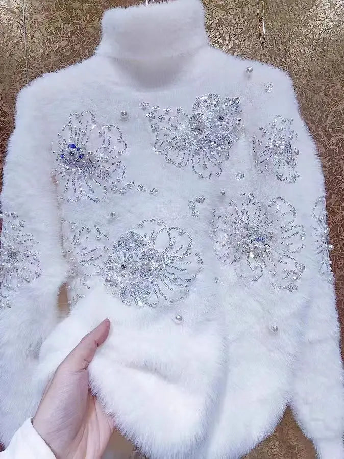 High-end Beads Sequined Stitch Thick Faux Fur Turtleneck Sweater for Women Autumn/Winter New Knit Outwears Pullovers Jumpers