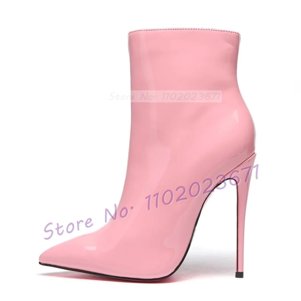 Pink Sole White Ankle Boots Women Pointed Toe Stylish Patent Leather High Heels Boots Female Elegant Casual Crocodile Shoes