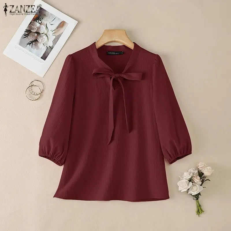 Crinkled Bow Tie Neck Puff Sleeve Blouse for Women