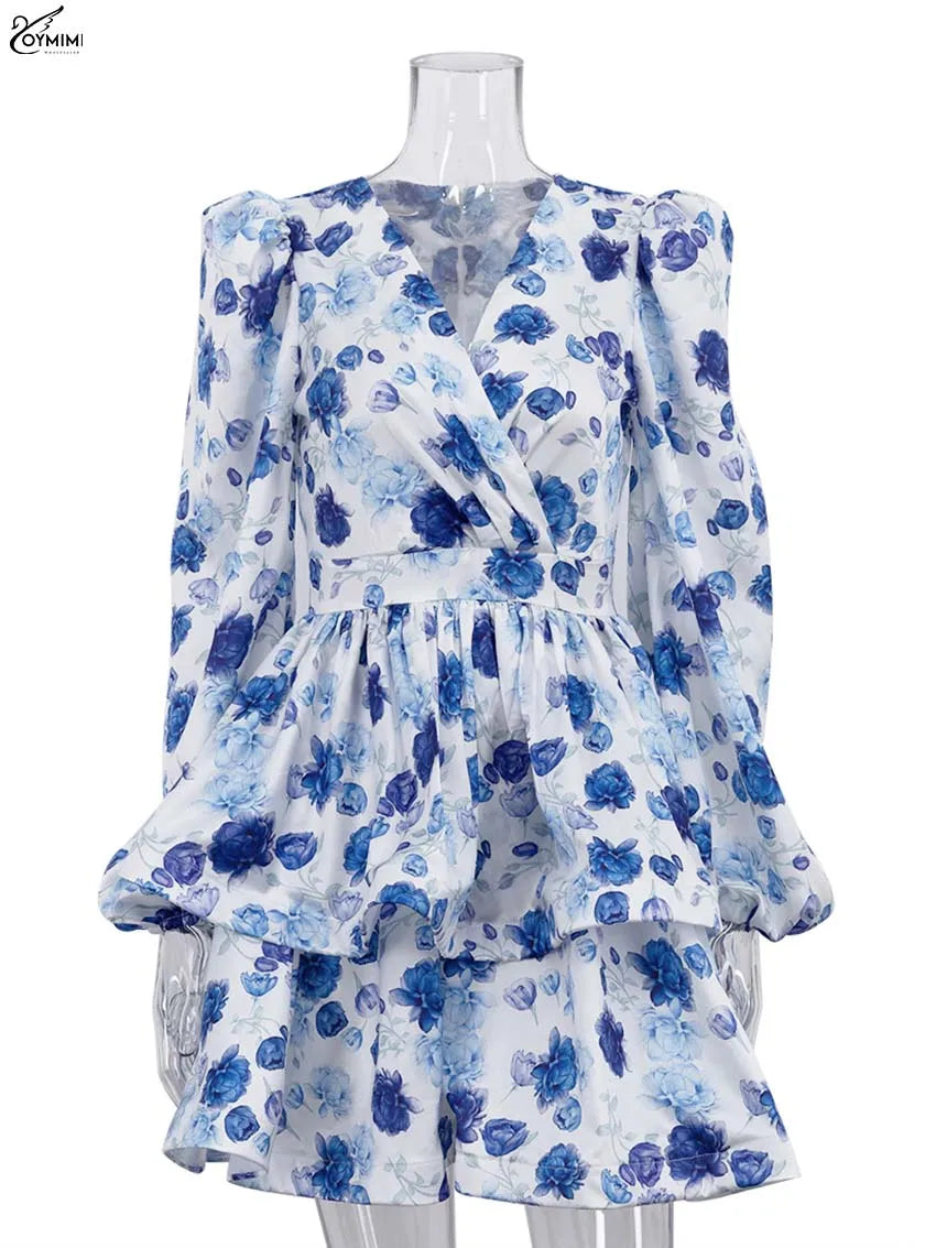 Oymimi Fashion Blue Print Womens Dresses Elegant V-Neck Long Sleeve Zipper Dresses Casual High Waist Pleated Mini Dress Female