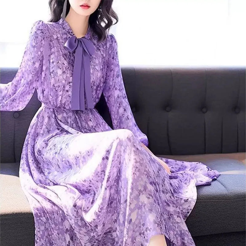 Floral Chiffon Bow Long Sleeve Dress