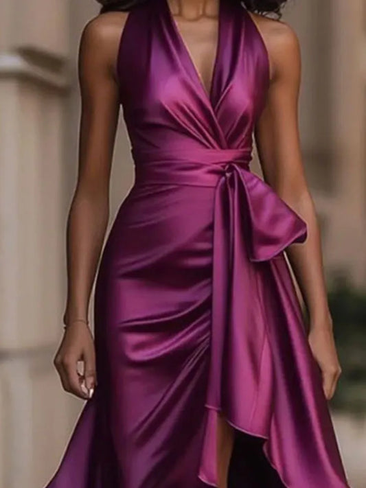 V Neck Lace Up Ankle Length Dress