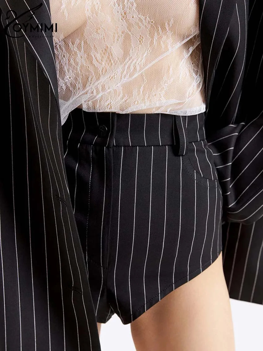 Oymimi Elegant Black Print Two Pice Outfits For Women Fashion Long Sleeve Single Button Blazers And High Waist Shorts Female Set