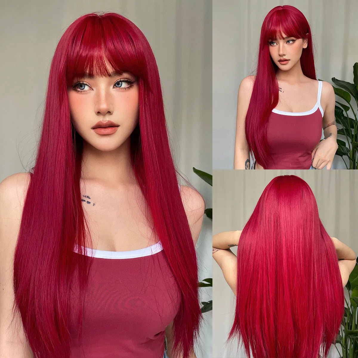 Long Straight Black Synthetic Wig With Bangs for Women