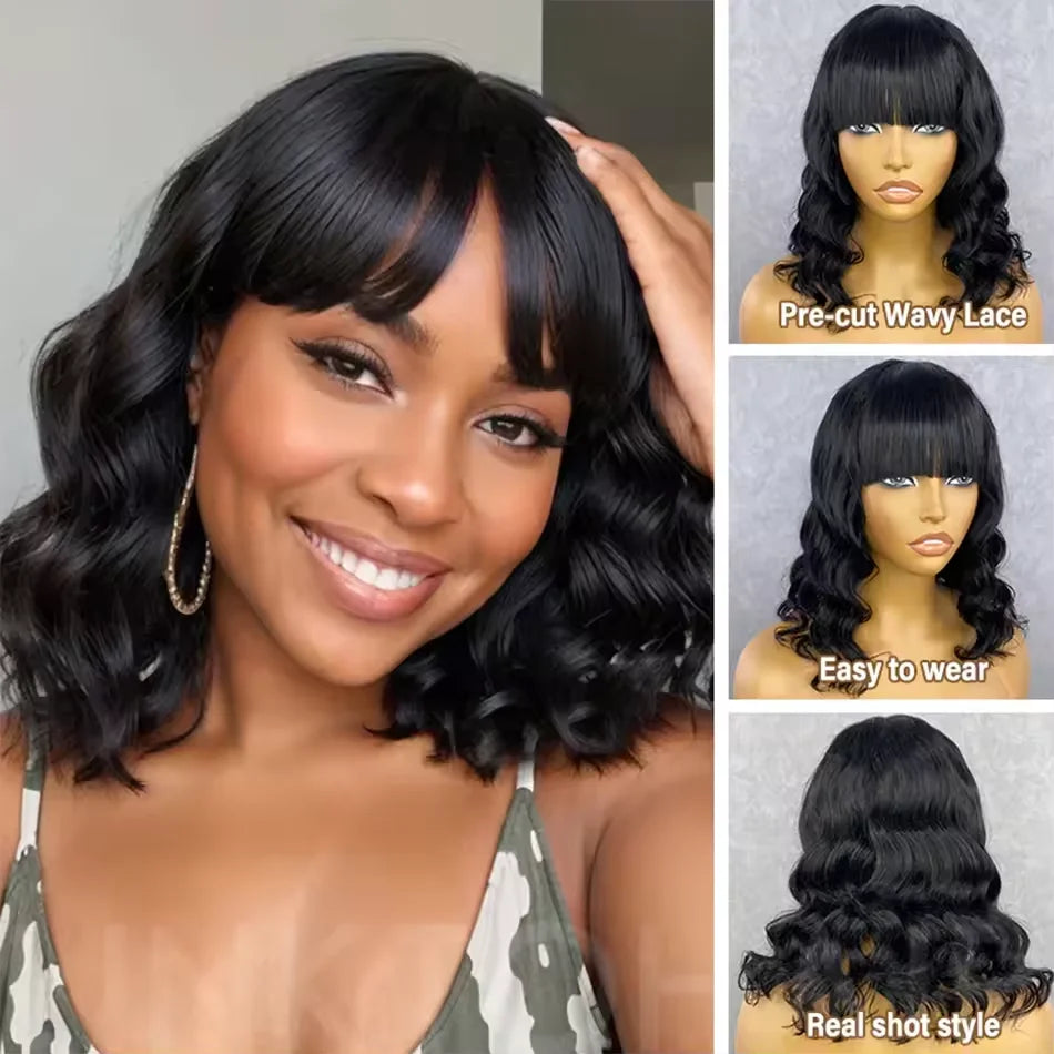 Glueless Human Hair Body Wave Bob Wig With Bangs for Women