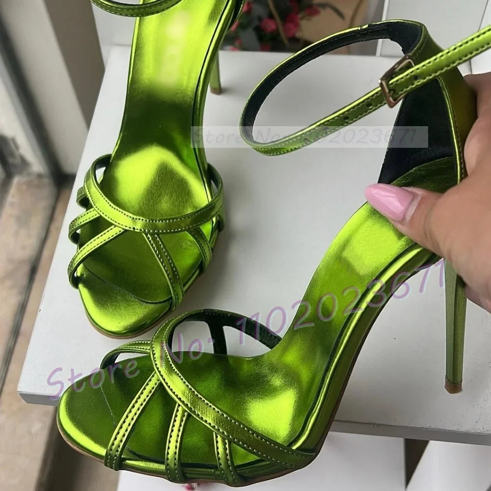 Metallic Green Open Toe Cross Strap Sandals for Women