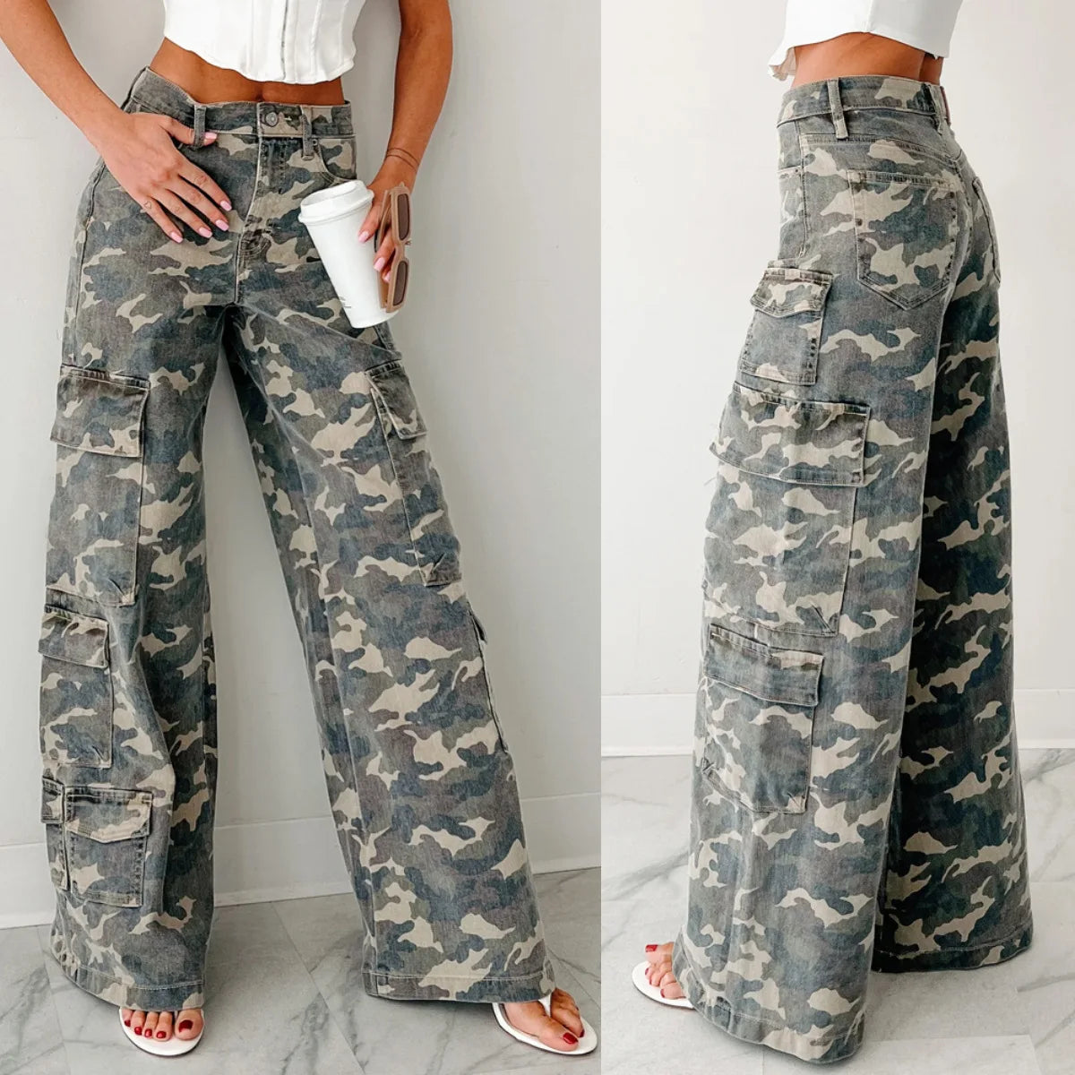 High Waist Camouflage Wide Leg Cargo Pants for Women