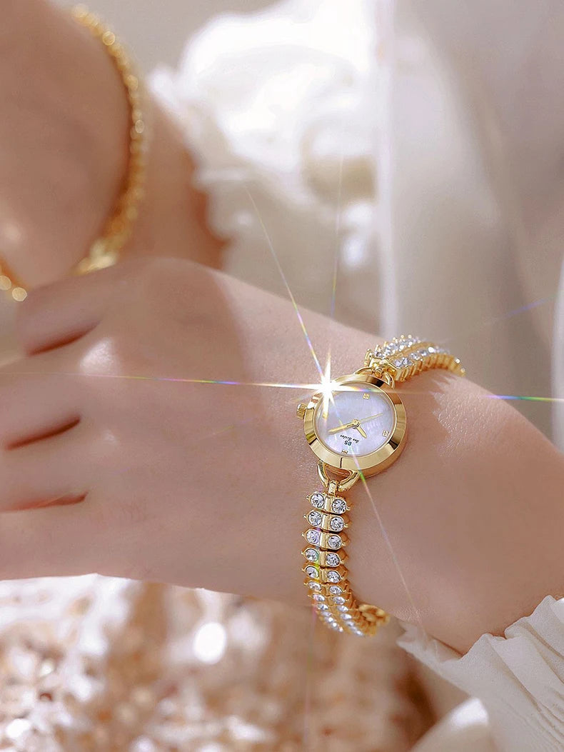 Small Diamond Accent Gold Chain Quartz Watch for Women