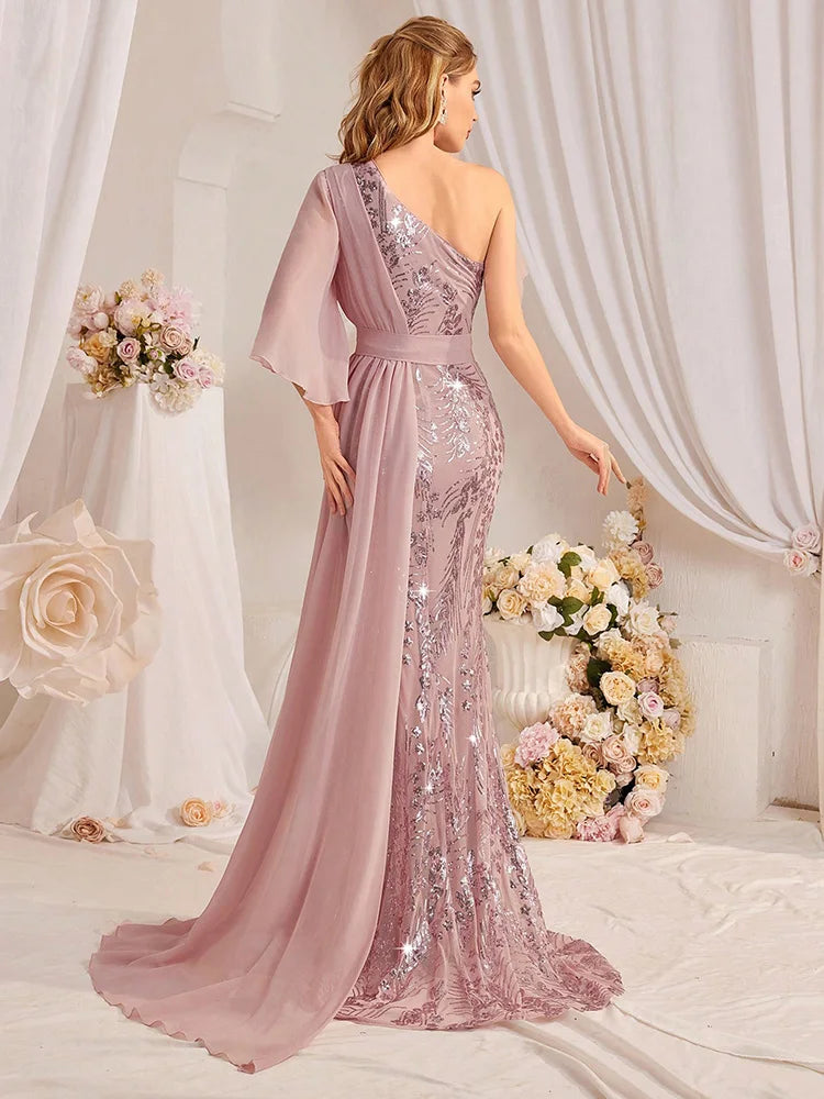 TOLEEN 2024 New Luxury Elegant Sequin Long Maxi Gown Dresses Women's One Shoulder Sparkle Patchwork Formal Party Evening Dress