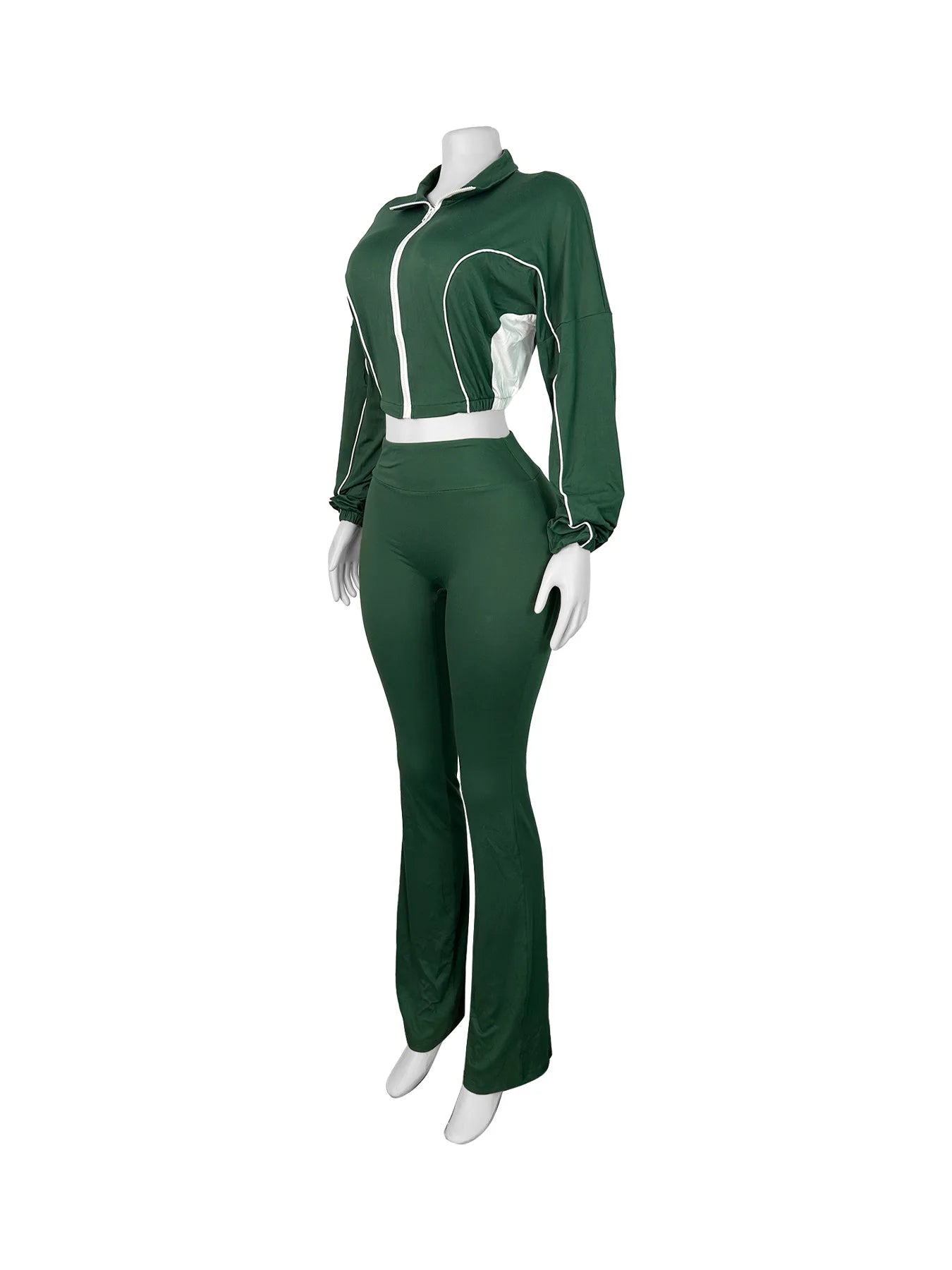 FAGADOER Casual Stripe Patchwork 2 Pieces Set for Woman Zip Long Sleeves Ruched Crop Top + Flare Pants Tracksuit Female Jogger