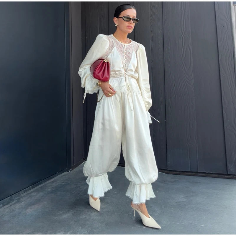 Tailored Lapel Jacket and Pleated Trousers Set for Women