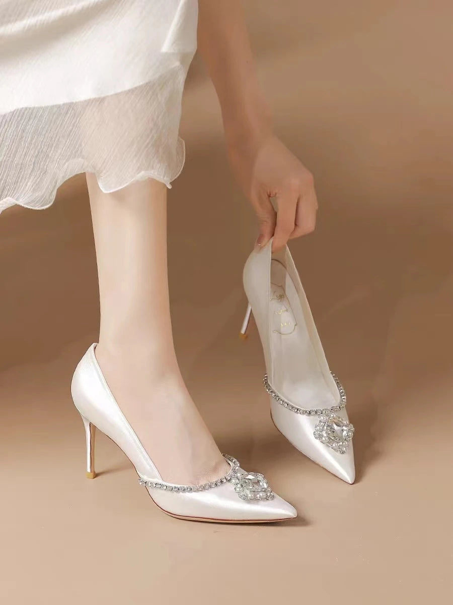 Rhinestone Pointed Toe Satin Wedding Pumps for Women