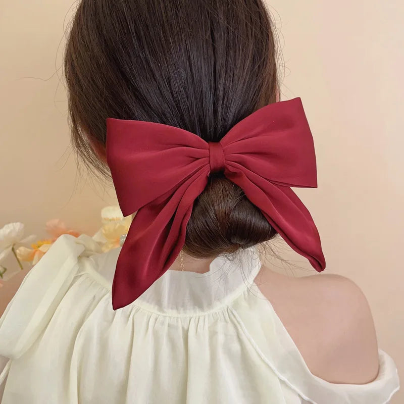 Vintage Red Satin Bow Elastic Hair Bands for Women