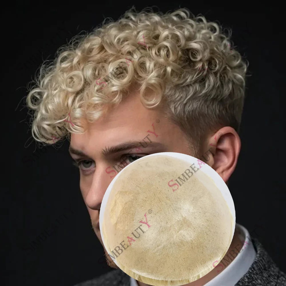 Curly Blonde Human Hair Toupee With Natural Hairline for Women