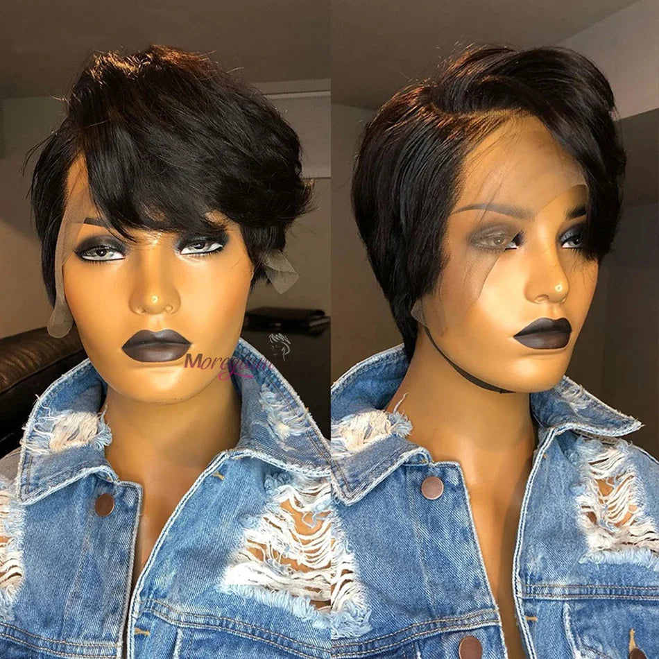Wig HD Transparent Lace Front 13x4 Pixie Cut Bob Indian Hair Pre Plucked 200 Density