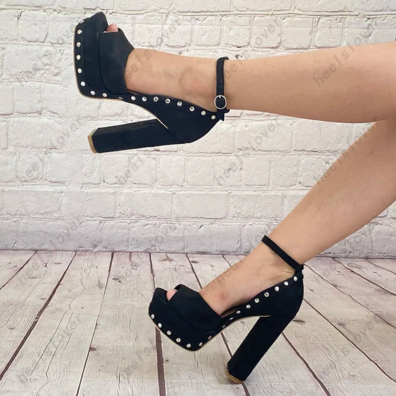Black Studded Platform Sandals With Chunky Heels For Women