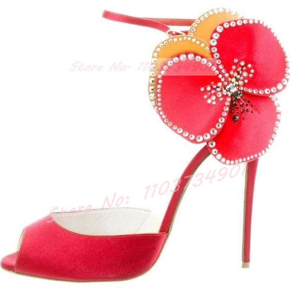 Pink Satin Crystal Peep Toe Stiletto Sandals for Women