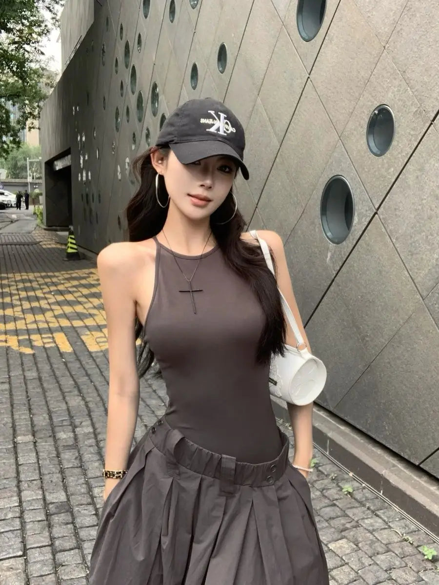 Gray High Waist Button Placket Midi Dress For Women