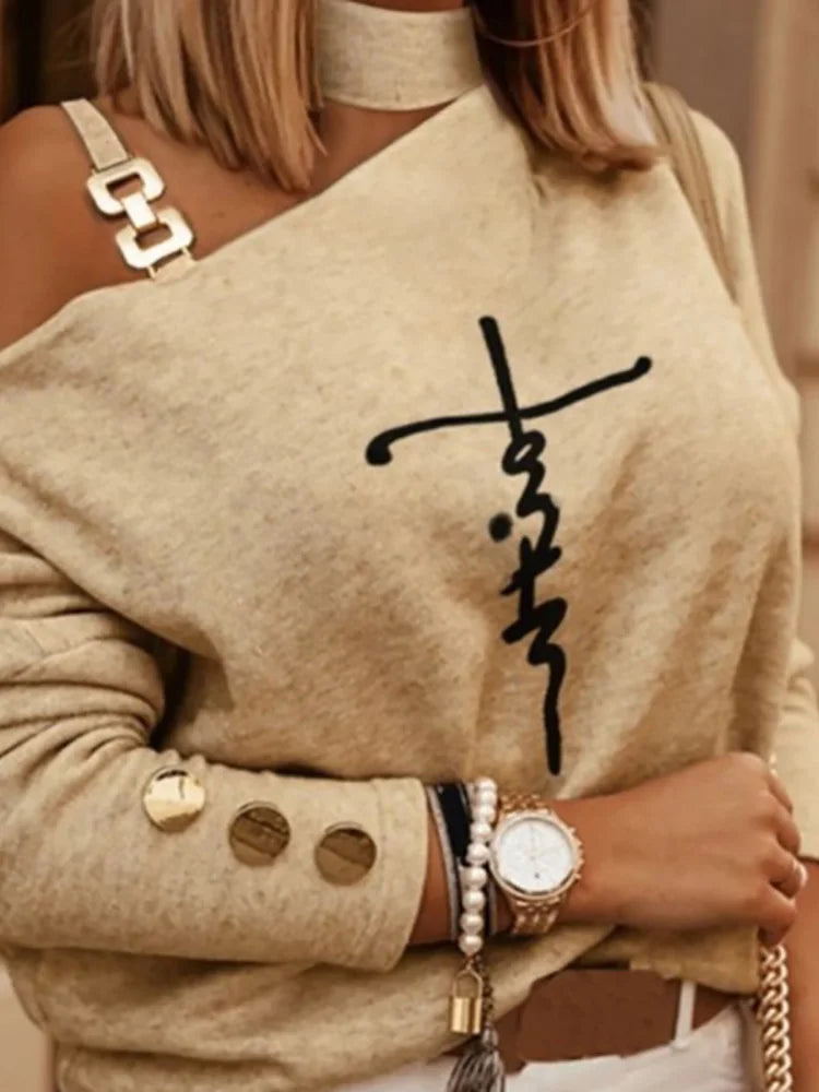 Women Sexy Off Shoulder Solid Pullover Top Spring Autumn Skew Collar Casual Blouse Ladies Streetwear Chain Button Shirt Blusas