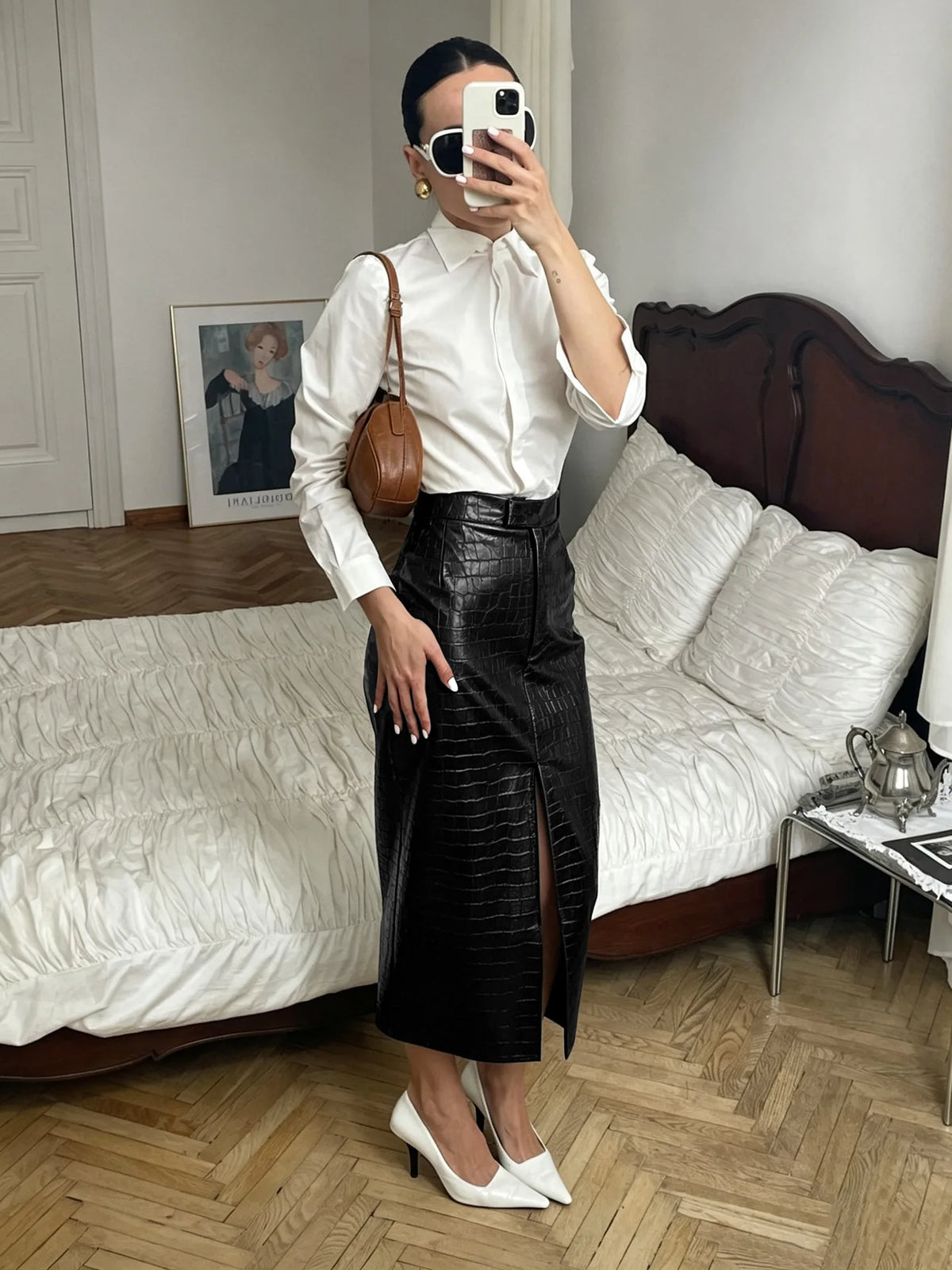 Faux Crocodile Leather Ankle Length Split Skirt for Women