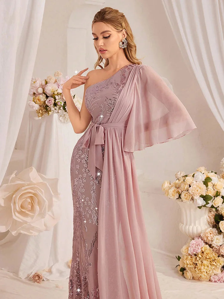 TOLEEN 2024 New Luxury Elegant Sequin Long Maxi Gown Dresses Women's One Shoulder Sparkle Patchwork Formal Party Evening Dress