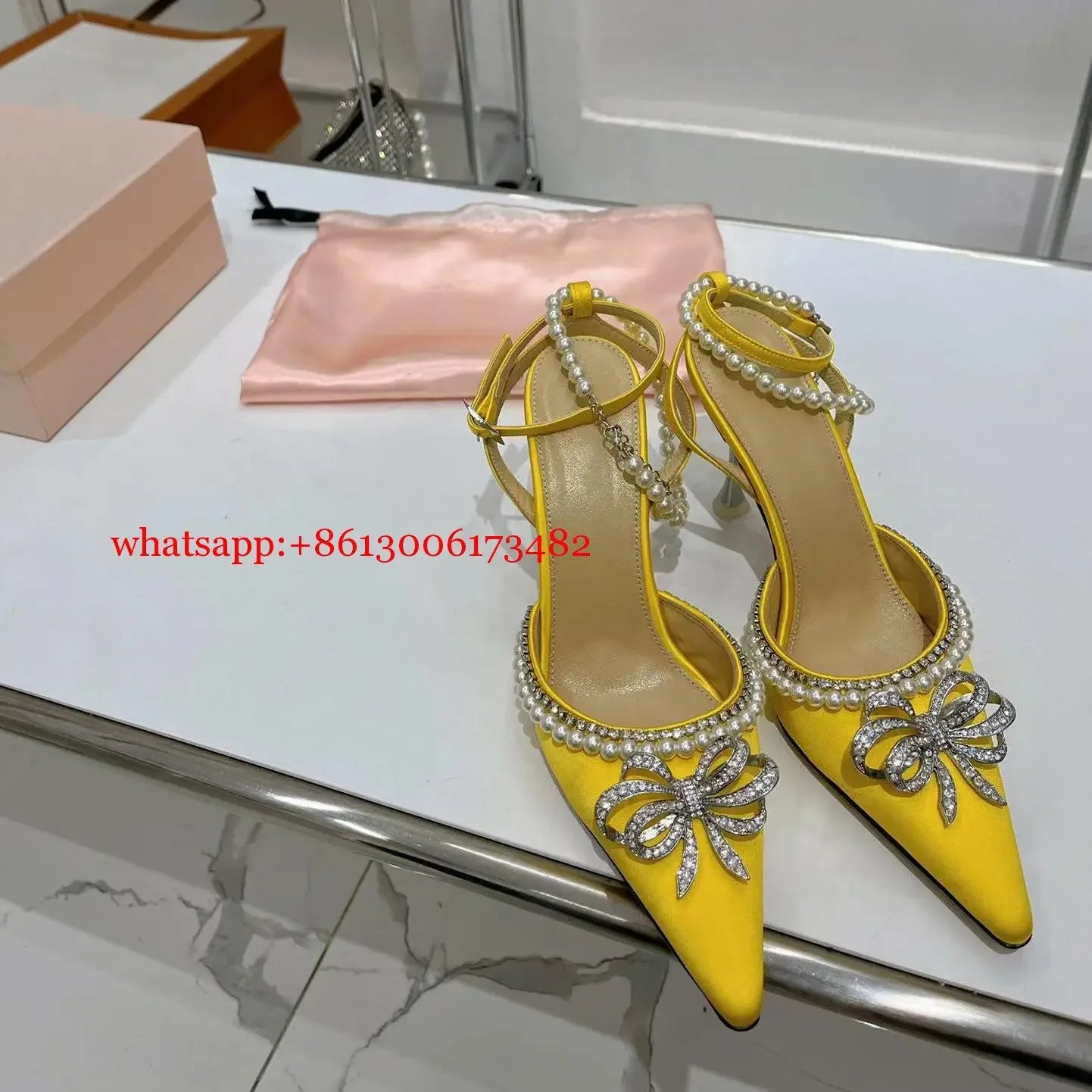 Candy Color Crystal Bow Pearls Buckle Sandals Design Women Rhinestones Bow Pointed Toe Pearls Buckle Slingback 8Cm Heel Sandals