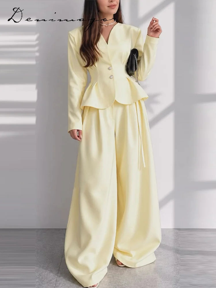 V-Neck Ruffle Coat and Wide Leg Pants Two-Piece Set for Women