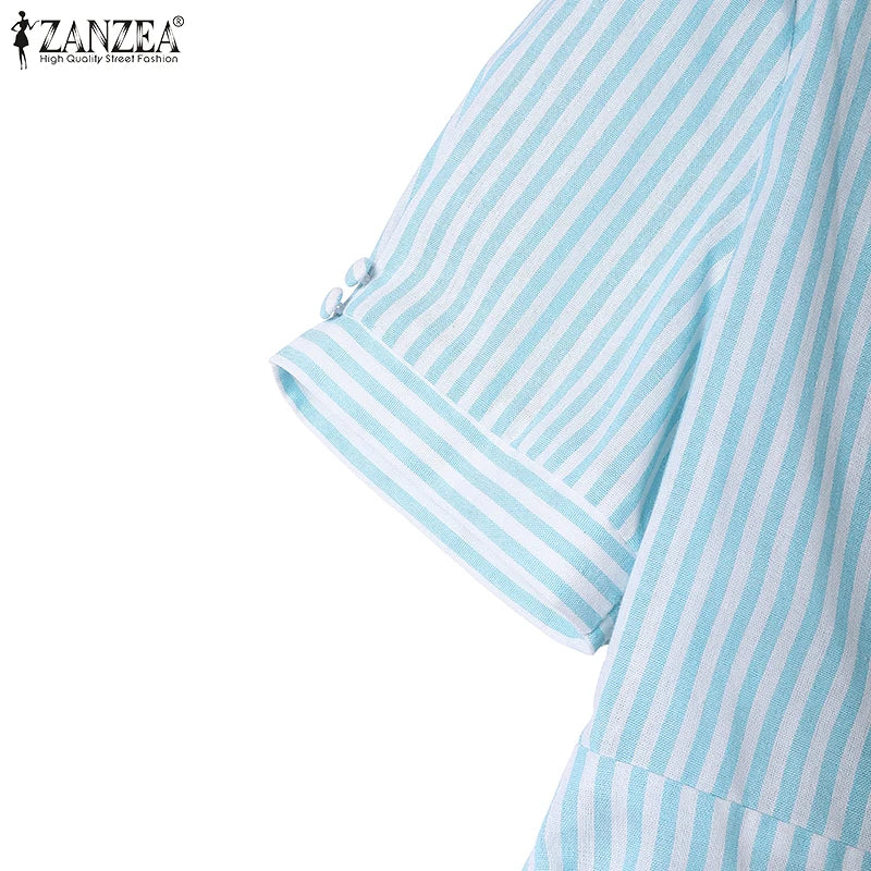 ZANZEA Women Elegant Striped Midi Dresses 2025 Summer Fashion V-Neck Short Puff Sleeve Fitted Waist A-Line Robes Femme Korean