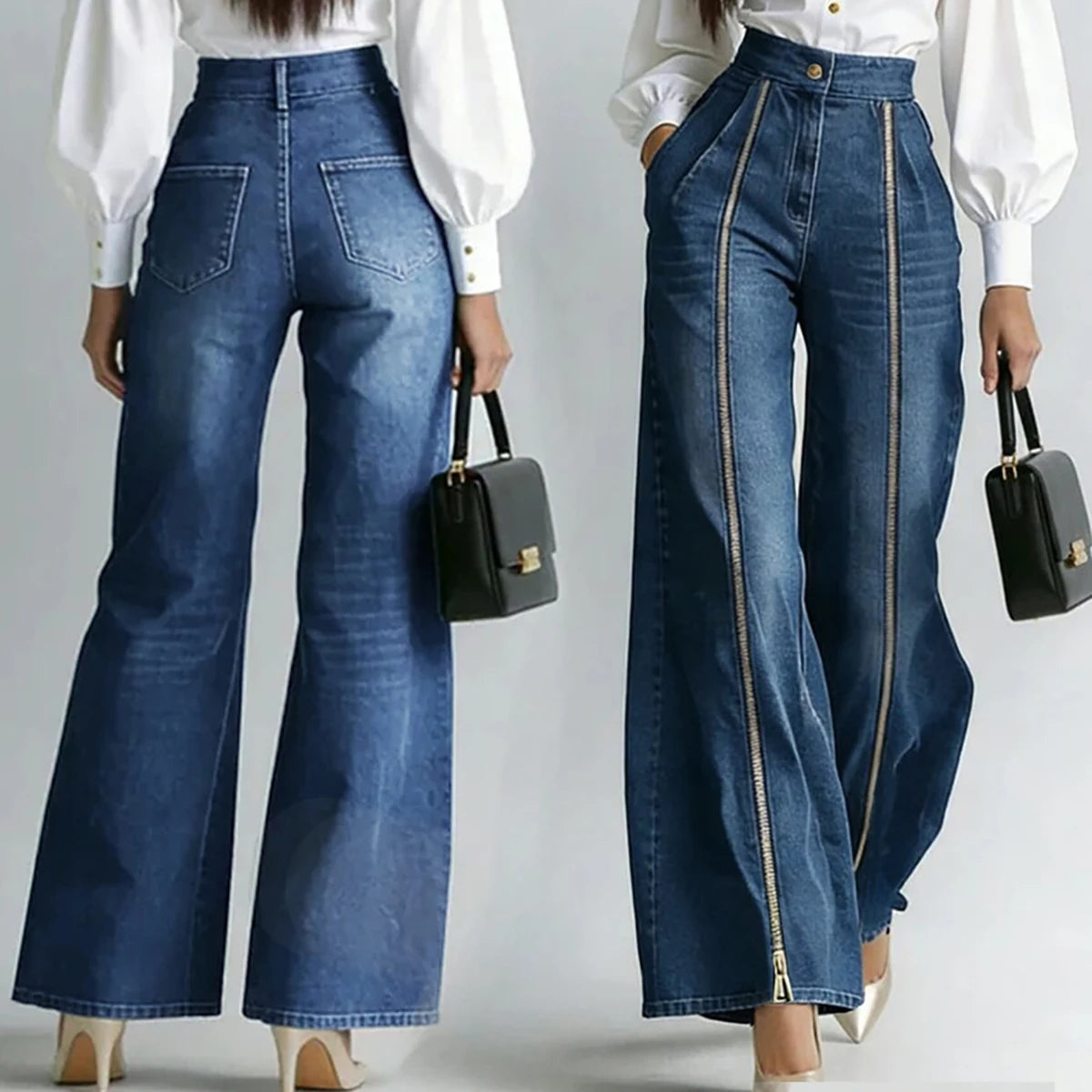 Vintage High Waist Wide Leg Flared Denim Jeans For Women