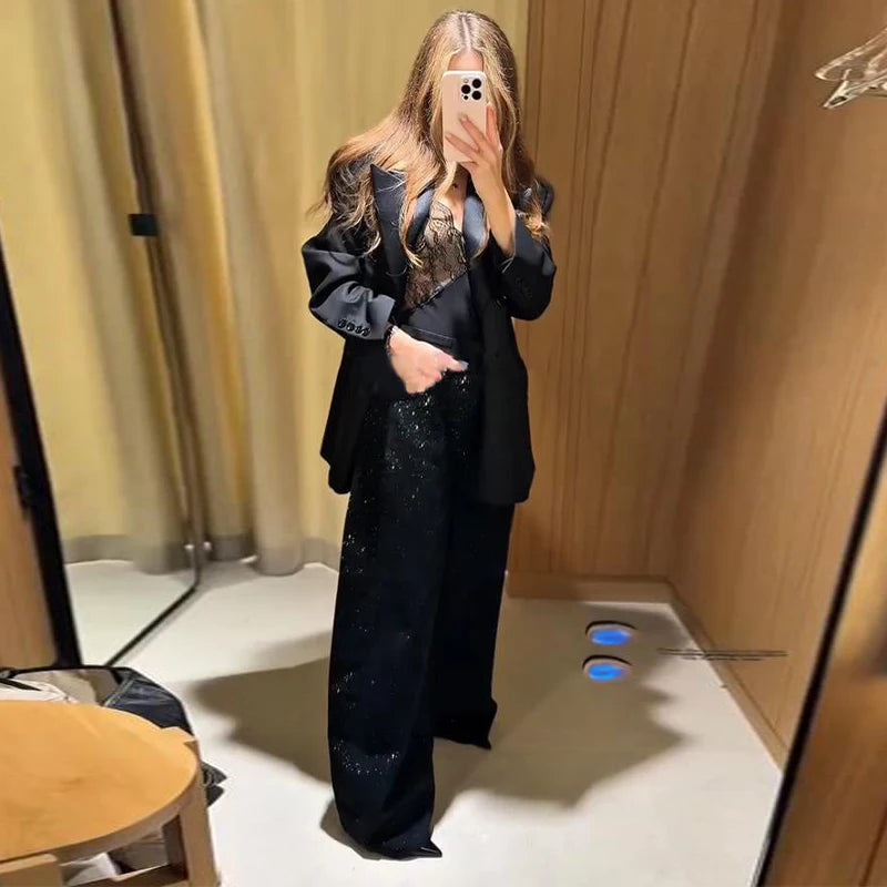 Sequined High Waist Wide Leg Pants with Pockets for Women