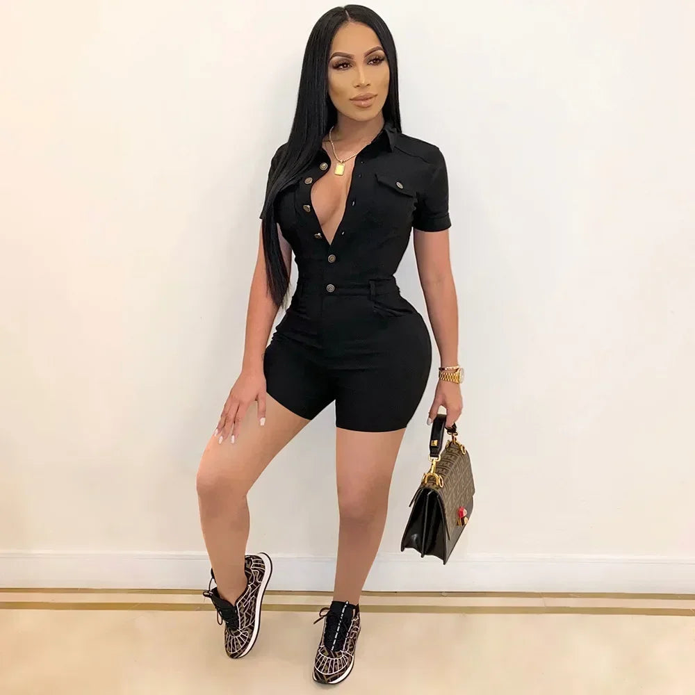 Summer V Neck Mesh Cargo Short Jumpsuit for Women