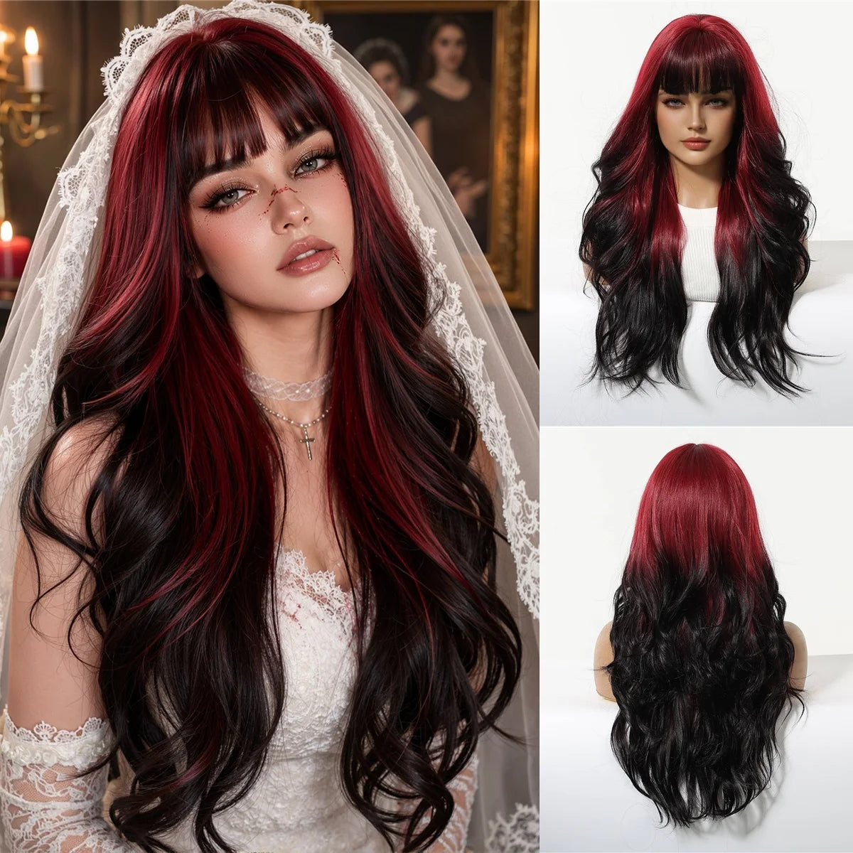 Pink Purple Ombre Curly Synthetic Wig With Bangs for Women