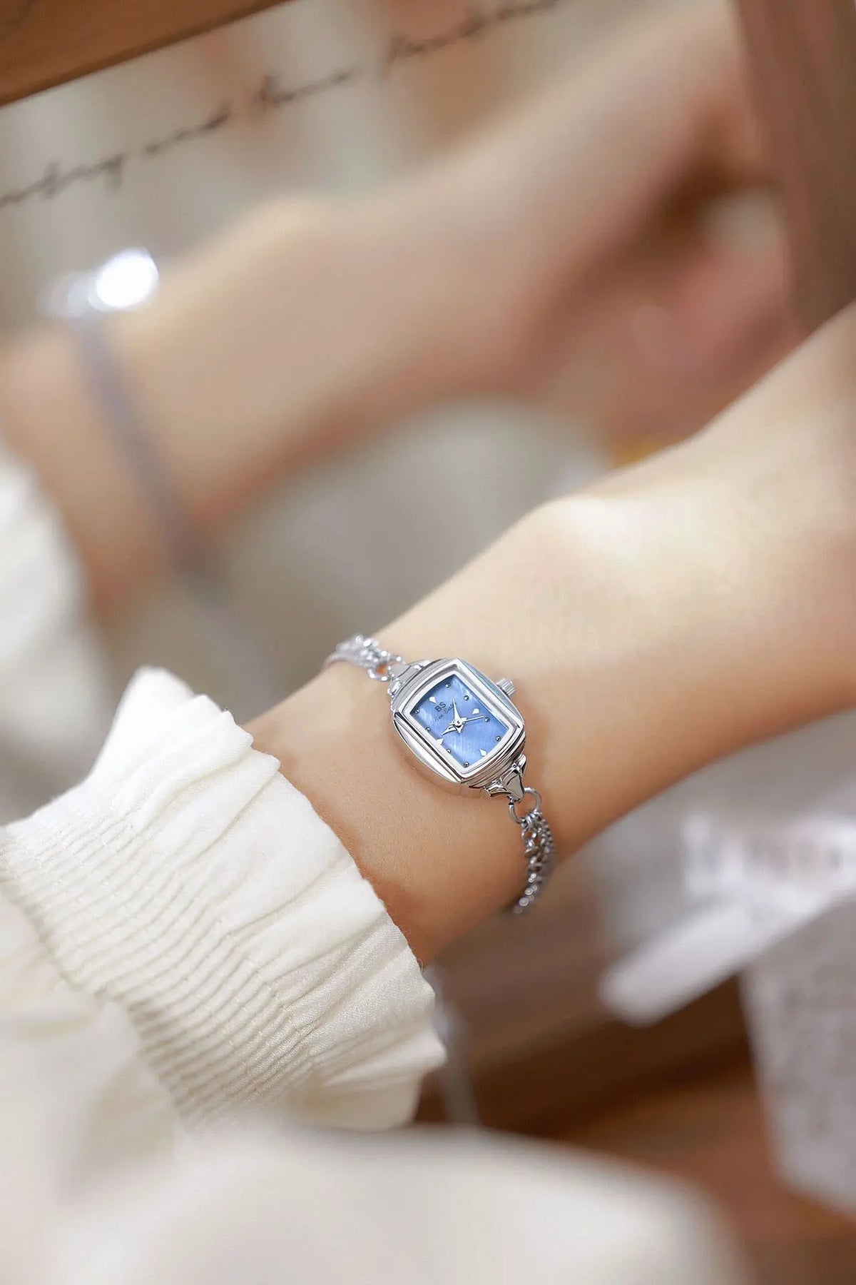 Light Blue Bracelet Watch With Silver Quartz Movement for Women